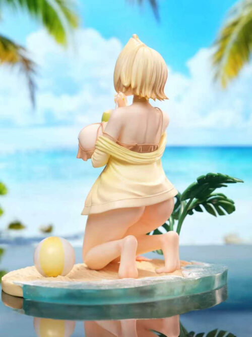 Rear view of Elegg's kneeling pose and pale yellow cover-up above a beach base with a blue water-effect edge.