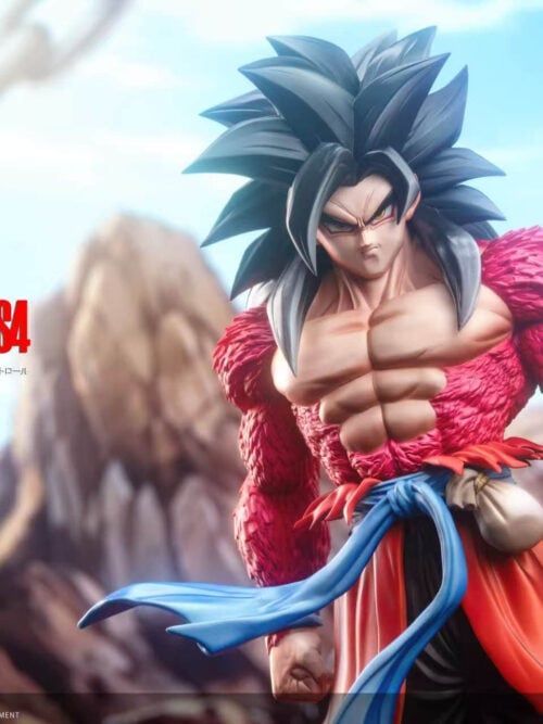 Super Saiyan 4 Son Goku with black hair, red fur, clenched fists and a blue sash against a rocky scenic backdrop.