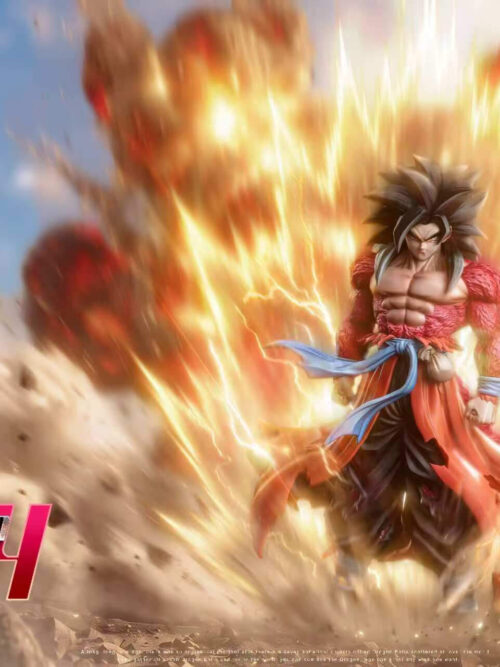 Promotional artwork of Super Saiyan 4 Son Goku surrounded by a golden aura, lightning and dust in a rocky setting.