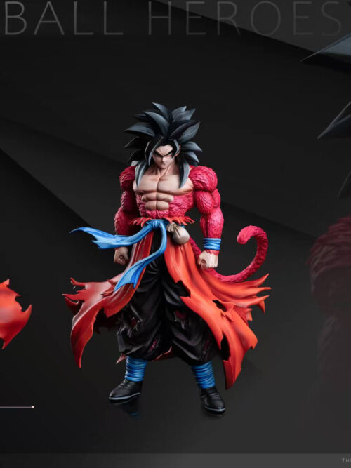Son Goku dimensions card with front and rear views, a portrait close-up, and labels of 32 cm high, 24 cm wide and 16 cm deep.