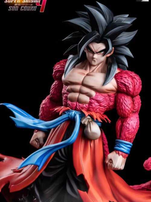 Three-quarter front view of Super Saiyan 4 Son Goku with red fur, long black hair, a blue sash and a small waist pouch.