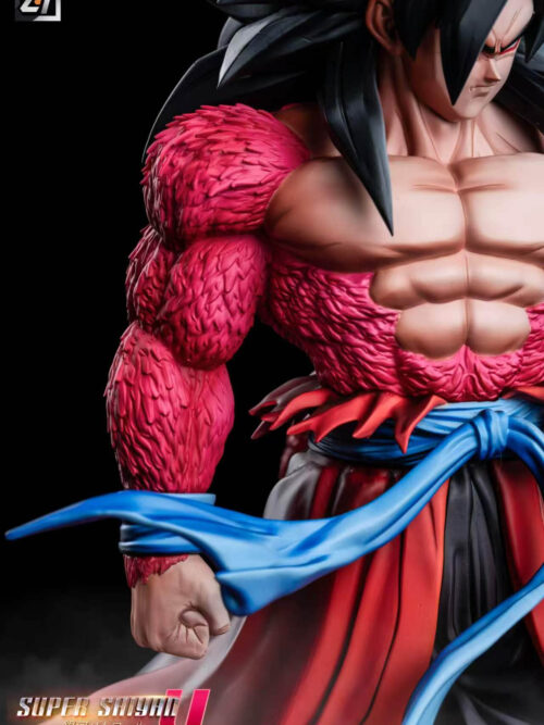 Close-up of Super Saiyan 4 Son Goku's textured red-furred arm, clenched fist, blue sash and torn red clothing.