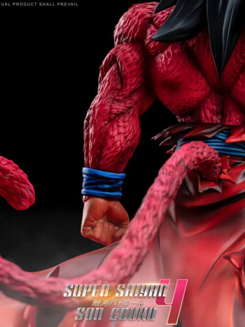 Close-up of Son Goku's red-furred back and curling tail, with blue wrist wraps and torn red clothing against black.