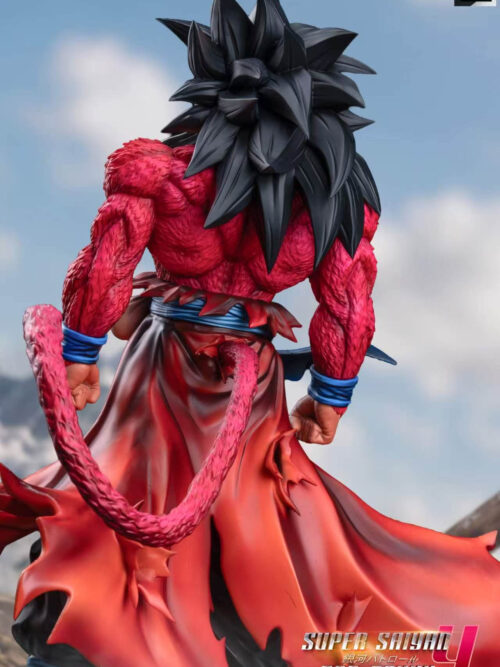 Rear view of Super Saiyan 4 Son Goku showing layered black hair, red-furred shoulders, a curling tail and torn red clothing.