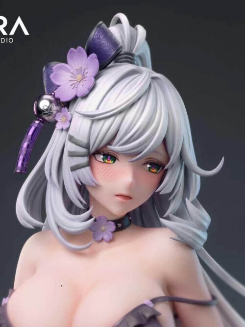 Close-up of Zankou's face, silver hair, purple flower-and-bow hair ornament and matching floral choker.