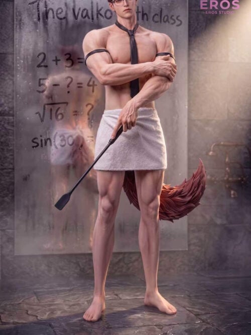Valko statue wearing glasses, a black tie and a white bath towel, holding a riding crop in a bathroom-themed scene.