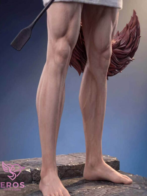 Detail of Valko's legs and bare feet on a stone-textured base, with the reddish tail and riding crop tip visible.