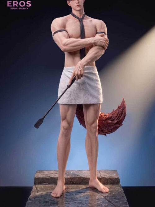 Full view of Valko wearing a white bath towel and holding a riding crop, with a reddish tail and a stepped stone-textured base.