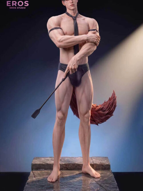 Full view of Valko with the bath towel removed, showing black underwear, a riding crop, a reddish tail and a stepped base.