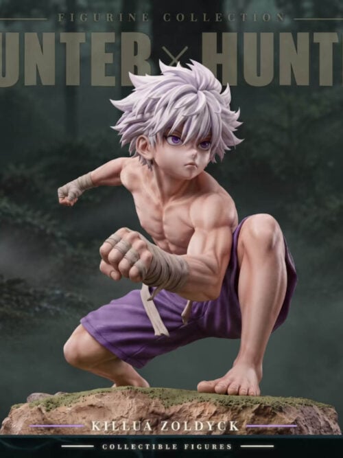 Killua Zoldyck in purple shorts, crouching with a wrapped fist extended above a rocky, grass-textured base.