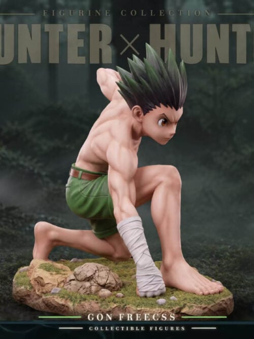 Gon Freecss in green shorts, crouching with one wrapped fist planted on a rocky, grass-textured base.