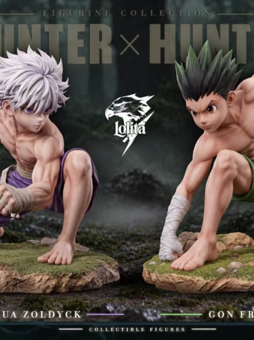 Killua Zoldyck and Gon Freecss in low fighting poses on separate rocky, grass-textured bases, with the Lolita Studio logo between them.