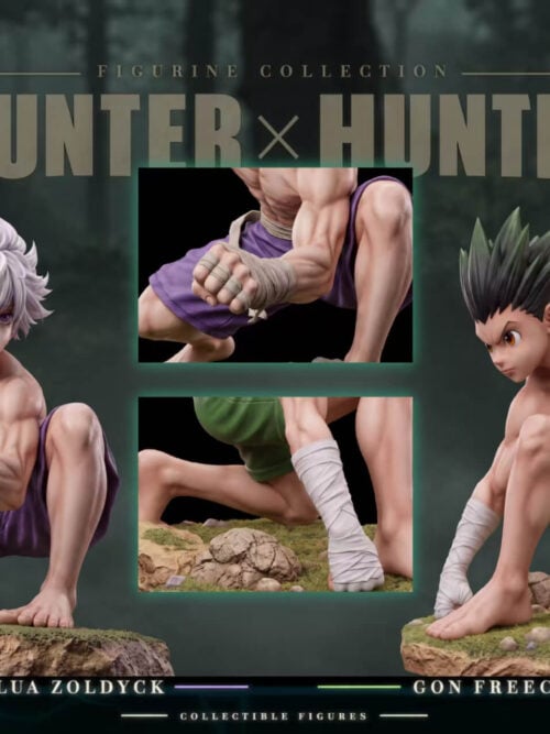 Killua Zoldyck and Gon Freecss shown beside close-up panels of Killua's extended wrapped fist and Gon's grounded wrapped fist.