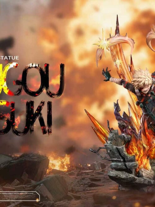 Promotional graphic showing Heroes Studio's 1/6 Katsuki Bakugo statue against a fiery backdrop, labeled H44 × W34 × D34 cm.