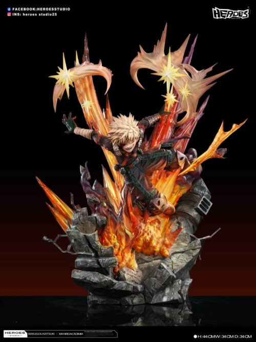 Katsuki Bakugo airborne above broken concrete, framed by orange blast trails, yellow starbursts and curling smoke.