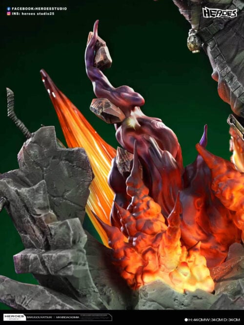 Broken concrete and exposed rebar surround orange blast effects and curling purple smoke on Katsuki Bakugo's base.
