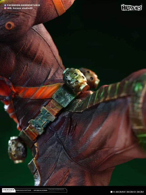 Close-up of Katsuki Bakugo's green belt, grenade-shaped waist accessories and scratched costume with orange trim.