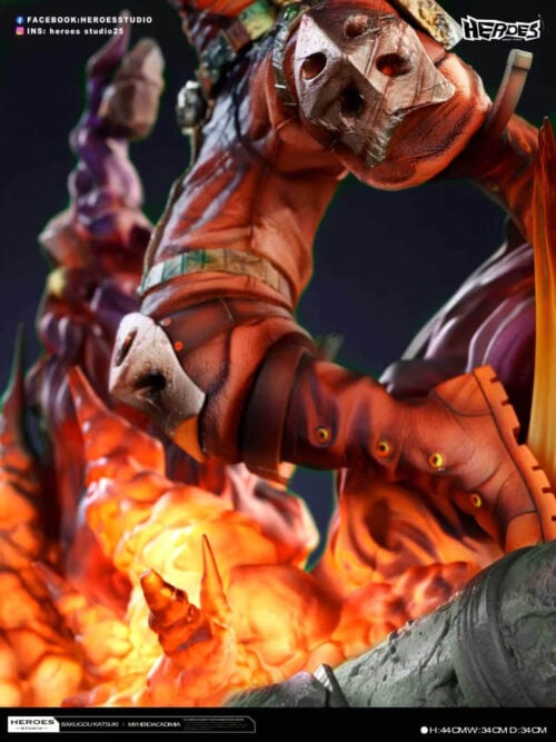 Close-up of Katsuki Bakugo's bent legs, scratched knee armor and orange-trimmed boots above orange blast effects.