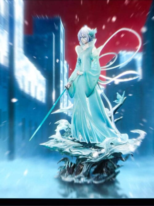 Kuchiki Rukia in pale blue Bankai robes with a lowered sword, looping ribbons and an ice-effect base against a blue city backdrop.