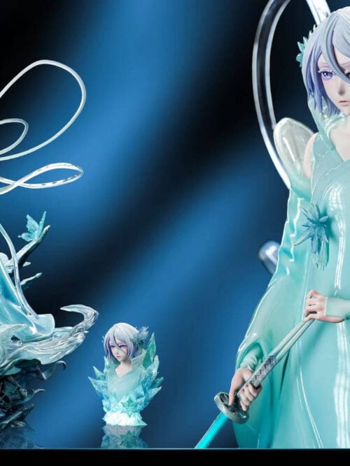 Composite image of Rukia's full Bankai statue, a separate illuminated accessory bust and an enlarged upper-body portrait.