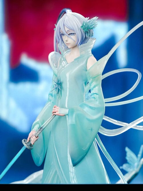 Three-quarter close-up of Kuchiki Rukia showing pale hair, an icy hair ornament, a high collar and translucent ribbon loops.