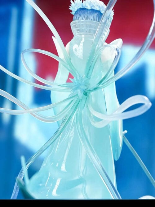 Rear close-up of Rukia's translucent Bankai robes, showing a high collar and long ribbon loops radiating from a crystalline back ornament.