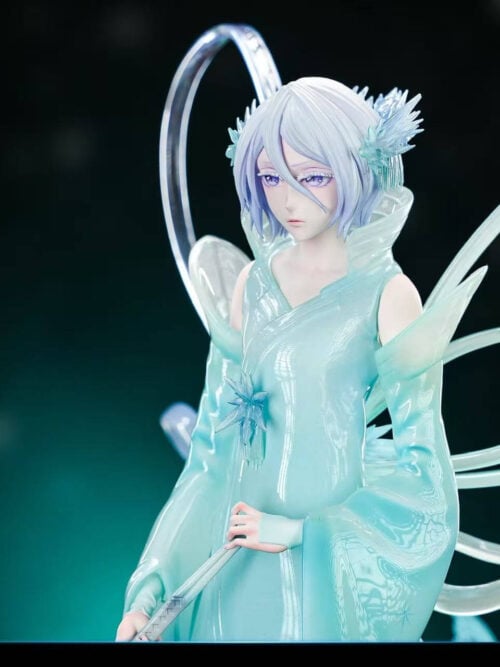 Kuchiki Rukia portrait with violet eyes, pale hair and translucent blue robes, framed by ribbon loops against a dark background.