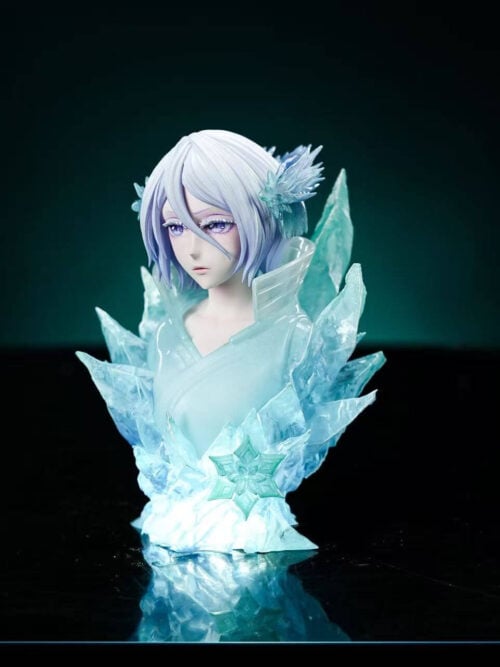 Rukia accessory bust surrounded by translucent ice shards, with a glowing lower section and a snowflake-shaped front ornament.