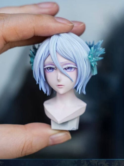 Handheld close-up of Rukia's interchangeable Beautiful Head sculpt with violet eyes, pale blue-white hair and crystalline hair ornaments.