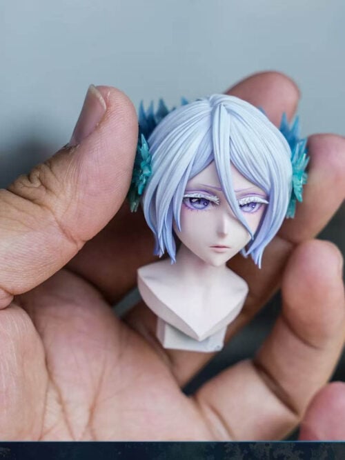 Front view of Rukia's Beautiful Head sculpt held in a palm, showing violet eyes, white eyelashes and a long fringe crossing the face.