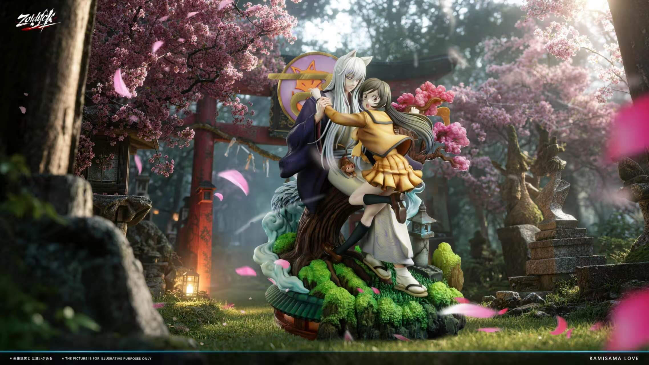 Tomoe & Nanami Momozono — Full Diorama in Shrine Setting Long-haired Tomoe and Nanami Momozono on a tree-and-rock base with pink blossoms and a stone-style lantern, against a shrine backdrop.
