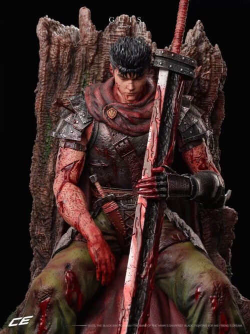 Front close-up of Guts with his head bowed, one hand against the blood-marked sword and the other resting over his thigh.
