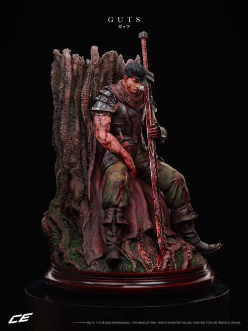Angled front view of Guts seated against a broken tree, with a bowed head, upright sword, torn green trousers and a dark red cloak.