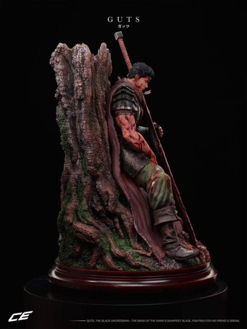 Right profile of seated Guts showing his lowered bare hand, shoulder arrow, long red cloak and sword extending to the root-covered base.