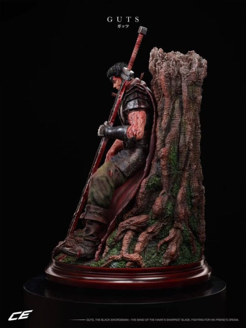 Left profile of Guts seated against the tall broken tree trunk, with his armored hand on the sword and cloak trailing to the base.