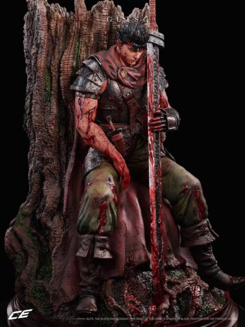Closer angled view of seated Guts showing weathered armor, blood-marked arms and sword, torn trousers and the cloak draped between his boots.