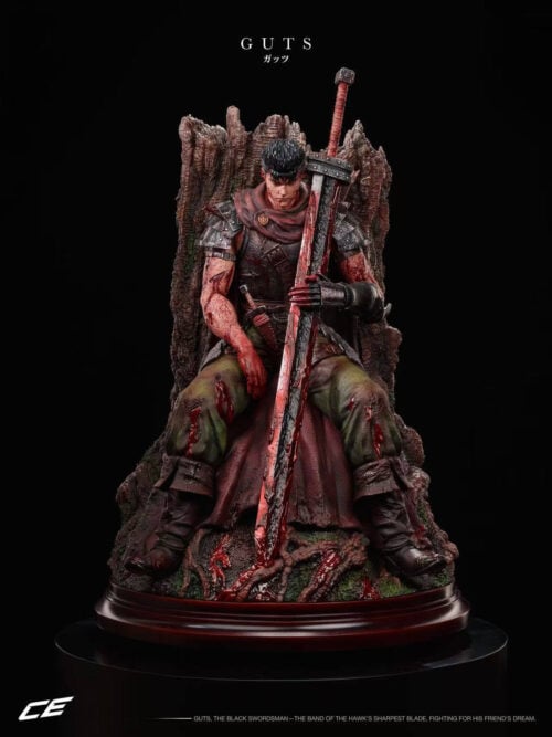 Front view of Guts seated against a broken tree trunk, with a broad sword, dark red cloak and root-covered display base.