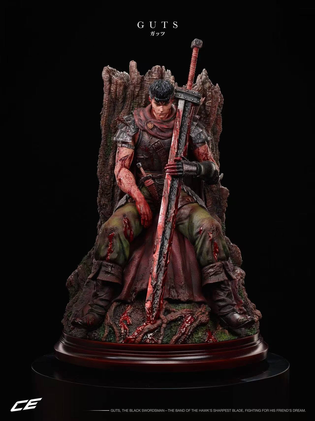 CE Studio Guts Seated Against a Tree - Full Front View Front view of Guts seated against a broken tree trunk, with a broad sword, dark red cloak and root-covered display base.