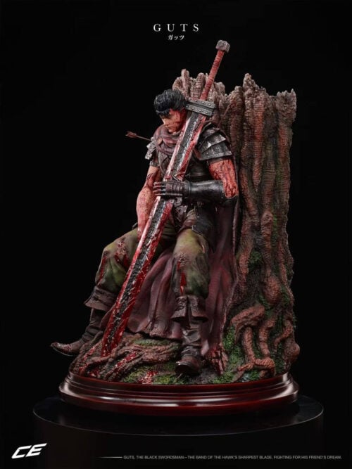 Three-quarter view of seated Guts with the sword leaning across his body, arrows in his shoulder armor and exposed tree roots around the base.