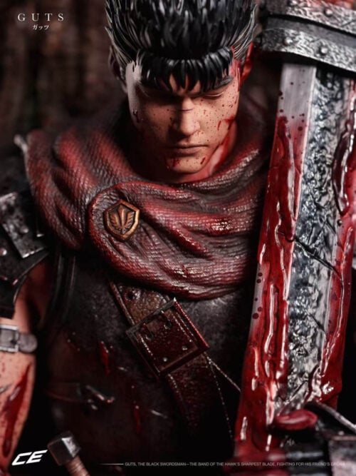 Close-up of Guts's lowered face beside the sword, with a shield-shaped cloak clasp and textured dark red fabric.