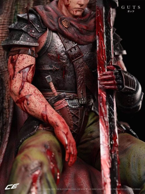 Detail of Guts's chest armor, shoulder arrow, diagonal leather-look strap, sheathed dagger and hand resting against the sword.