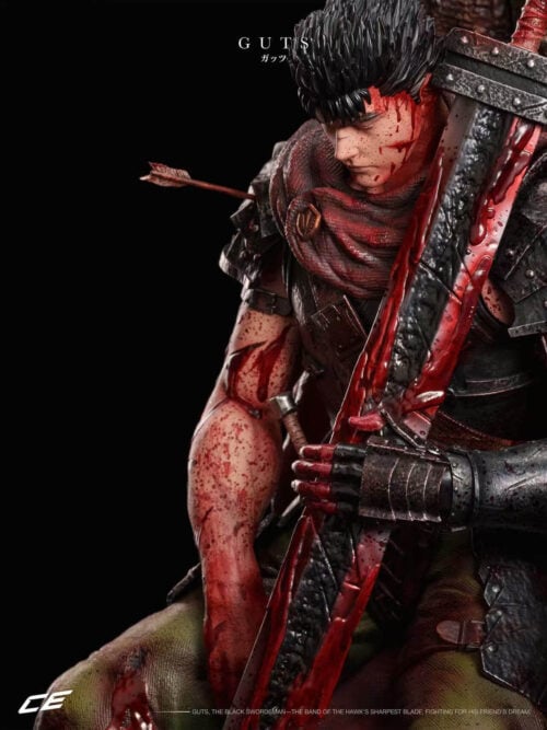 Angled close-up of Guts with his head lowered beside a blood-marked sword and an arrow protruding from his shoulder armor.