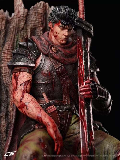 Three-quarter close-up of Guts showing his bowed face, layered shoulder armor, red cloak and blood effects on his arm and sword.