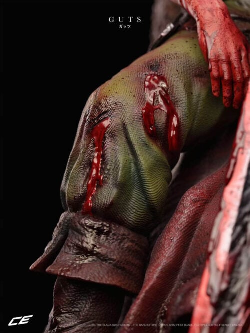 Close-up of Guts's torn green trousers and folded boot cuff, with red blood effects and his lowered hand above the knee.