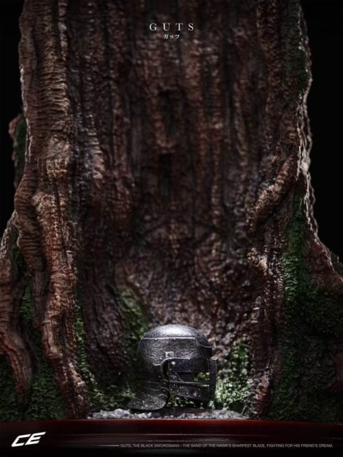 Close-up of a helmet at the rear of the tree base, surrounded by deeply textured bark and moss-like greenery.