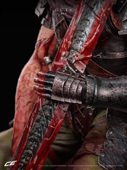 Close-up of Guts's armored fingerless glove resting across the broad sword blade, with glossy red blood effects.