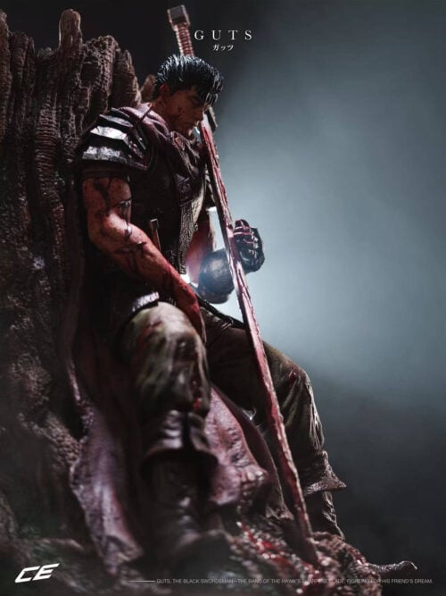 Side view of Guts leaning against the tree, with his lowered face, hanging hand and long sword outlined by directional lighting.