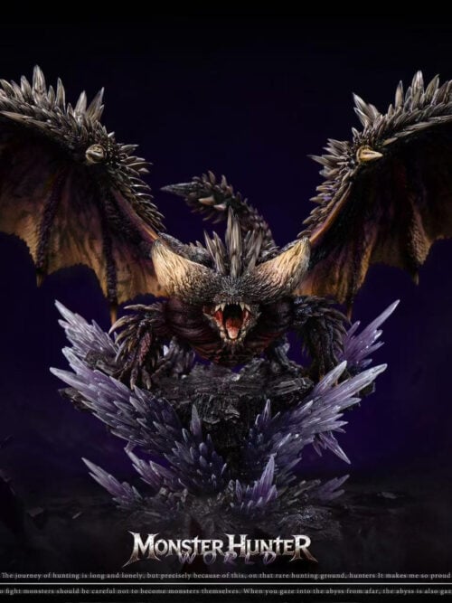 Nergigante statue with spread wings and open jaws above a rocky base surrounded by purple crystals.
