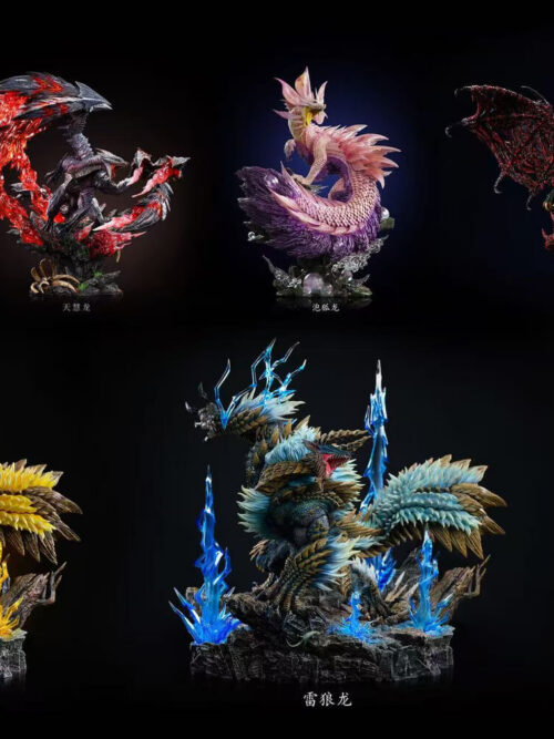 Lineup of nine Monster Hunter statue displays, with Nergigante on a purple crystal base at the upper right.