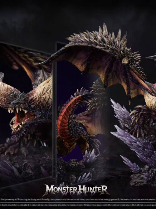 Montage of the Nergigante statue showing its open jaws, curved tail, spread wings and purple crystal base.